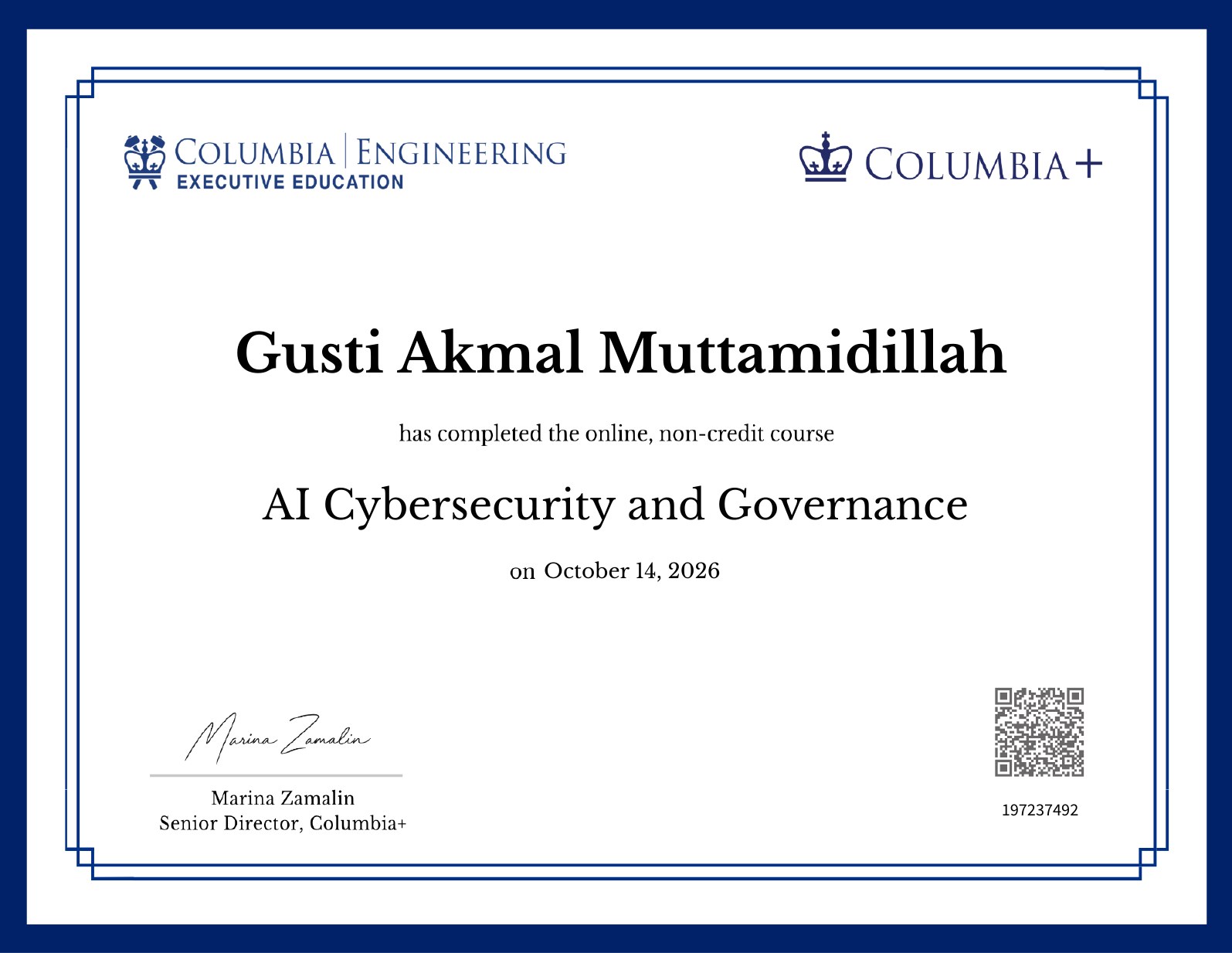 Certificate image: AI Cybersecurity and Governance
