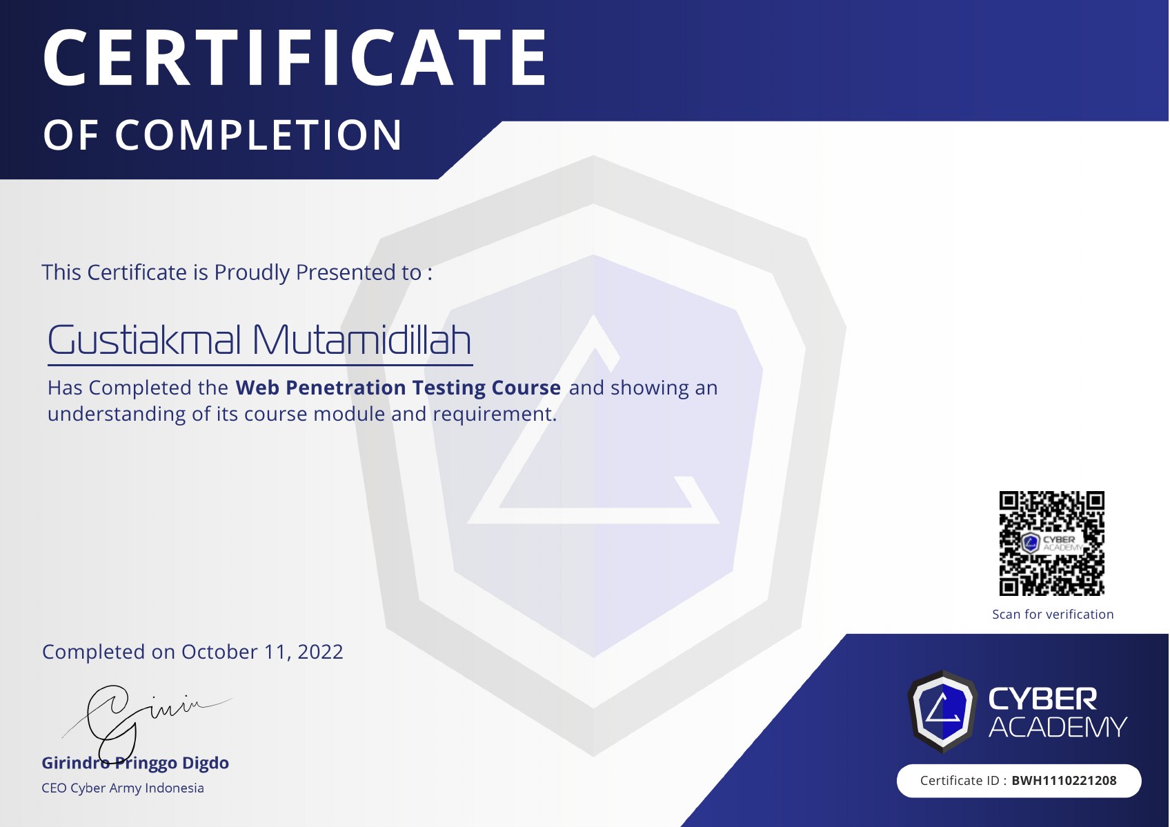 Certificate image: Web Penetration Testing Course