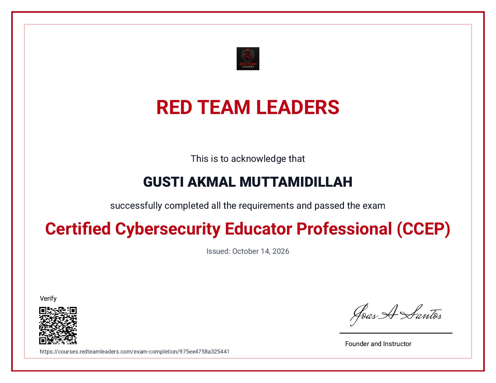 Certificate image: Certified Cybersecurity Educator Professional (CCEP)