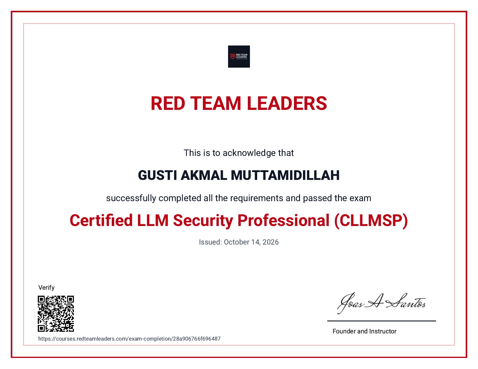 Certificate image: Certified LLM Security Professional (CLLMSP)