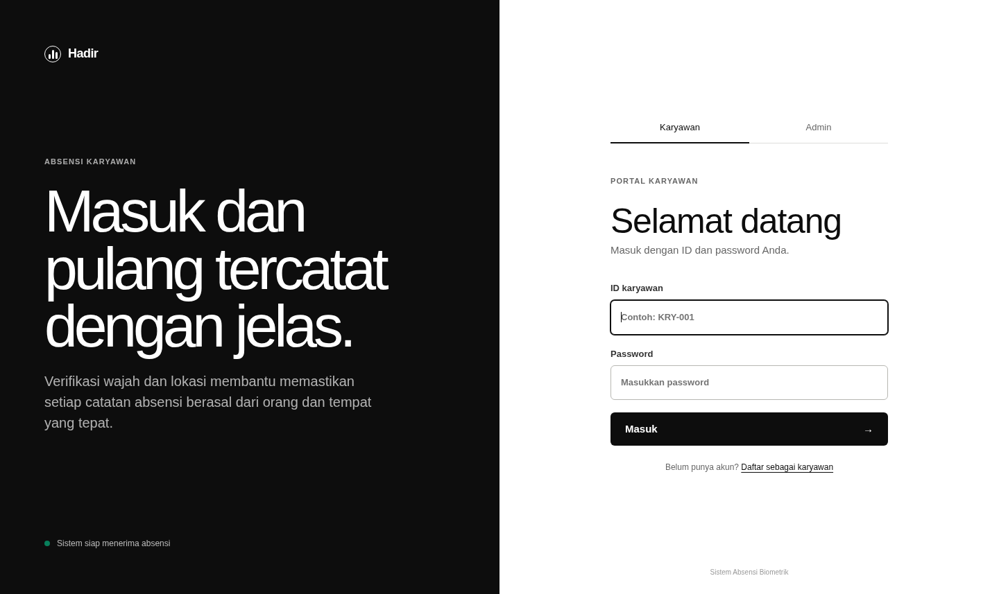 Hadir employee login screen